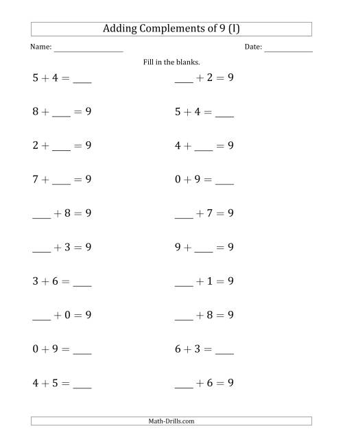 The Adding Complements of 9 (Blanks in Any Position, Including Sums) (I) Math Worksheet