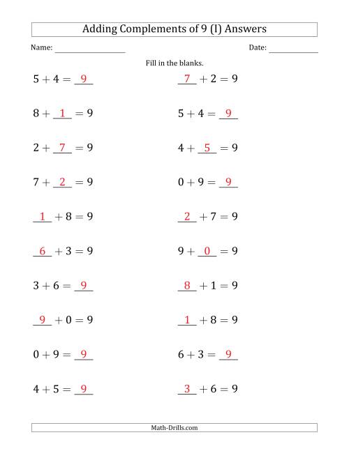 The Adding Complements of 9 (Blanks in Any Position, Including Sums) (I) Math Worksheet Page 2