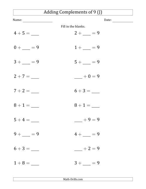 The Adding Complements of 9 (Blanks in Any Position, Including Sums) (J) Math Worksheet