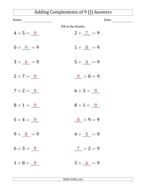 The Adding Complements of 9 (Blanks in Any Position, Including Sums) (J) Math Worksheet Page 2