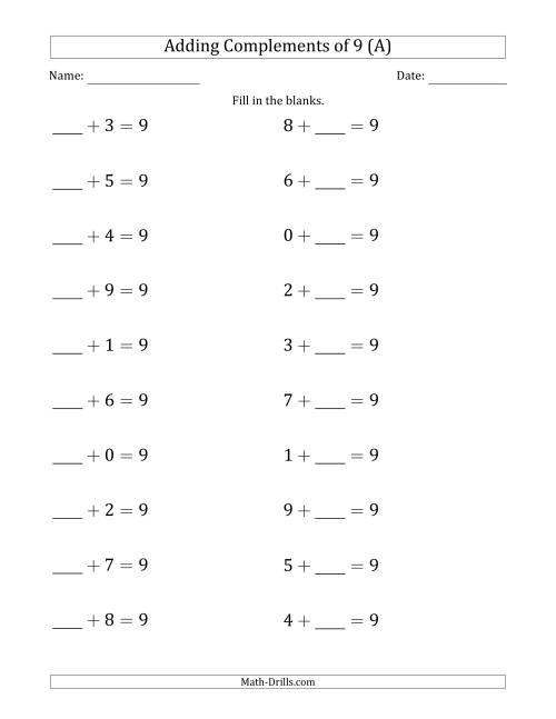 The Adding Complements of 9 (Blanks in First then Second Position) (A) Math Worksheet