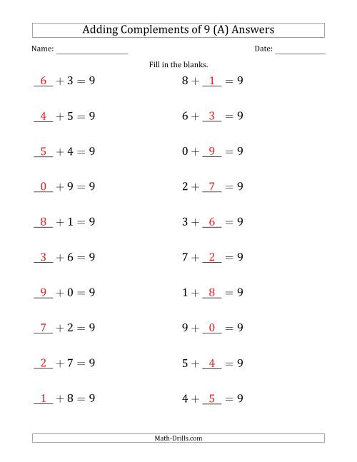 The Adding Complements of 9 (Blanks in First then Second Position) (A) Math Worksheet Page 2