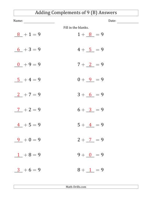 The Adding Complements of 9 (Blanks in First then Second Position) (B) Math Worksheet Page 2