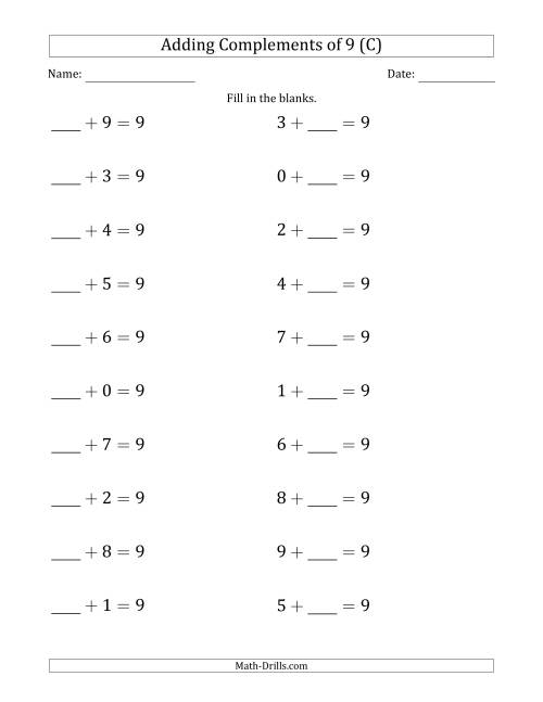 The Adding Complements of 9 (Blanks in First then Second Position) (C) Math Worksheet