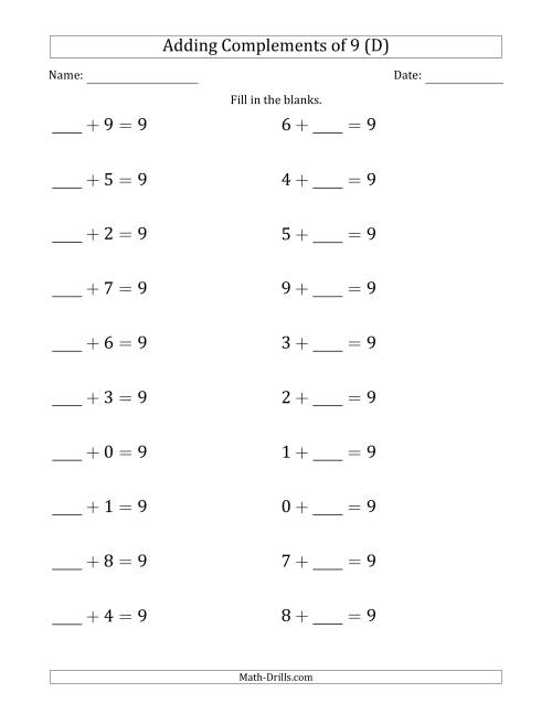 The Adding Complements of 9 (Blanks in First then Second Position) (D) Math Worksheet