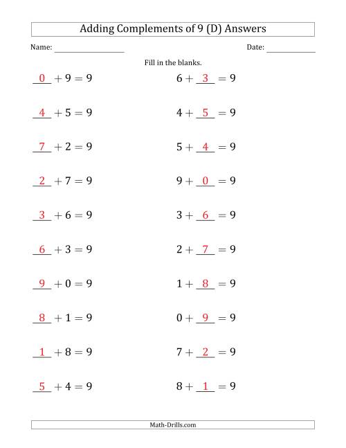 The Adding Complements of 9 (Blanks in First then Second Position) (D) Math Worksheet Page 2