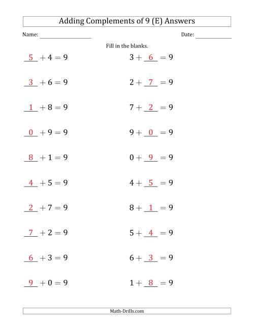The Adding Complements of 9 (Blanks in First then Second Position) (E) Math Worksheet Page 2