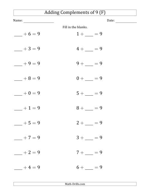 The Adding Complements of 9 (Blanks in First then Second Position) (F) Math Worksheet