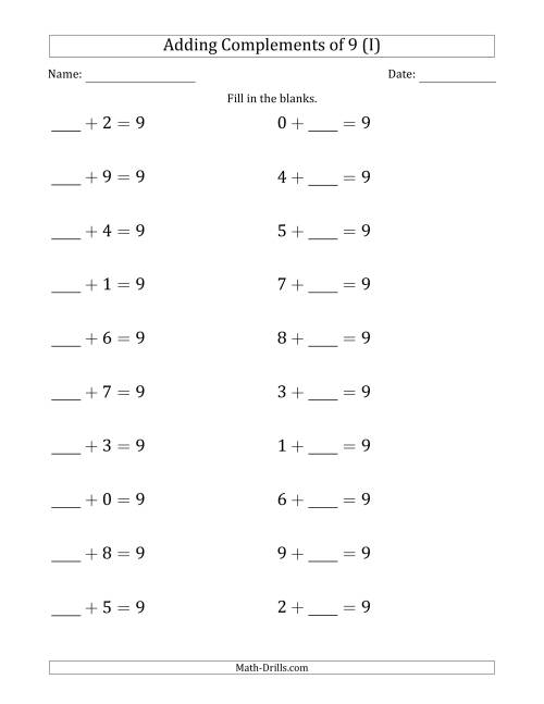 The Adding Complements of 9 (Blanks in First then Second Position) (I) Math Worksheet