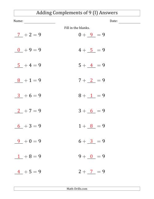 The Adding Complements of 9 (Blanks in First then Second Position) (I) Math Worksheet Page 2