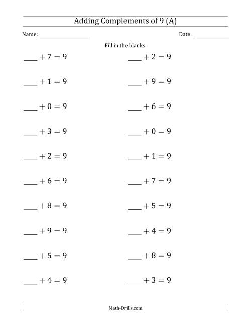 The Adding Complements of 9 (Blanks in First Position Only) (A) Math Worksheet