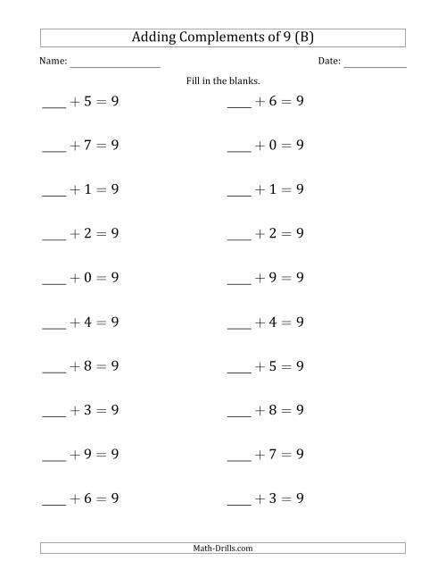 The Adding Complements of 9 (Blanks in First Position Only) (B) Math Worksheet