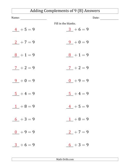 The Adding Complements of 9 (Blanks in First Position Only) (B) Math Worksheet Page 2