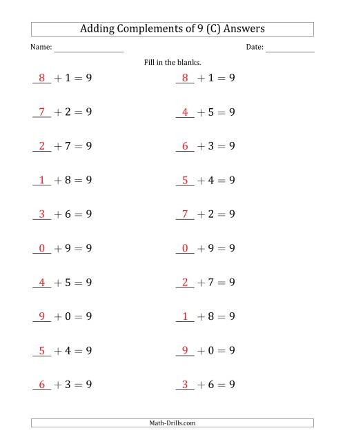 The Adding Complements of 9 (Blanks in First Position Only) (C) Math Worksheet Page 2