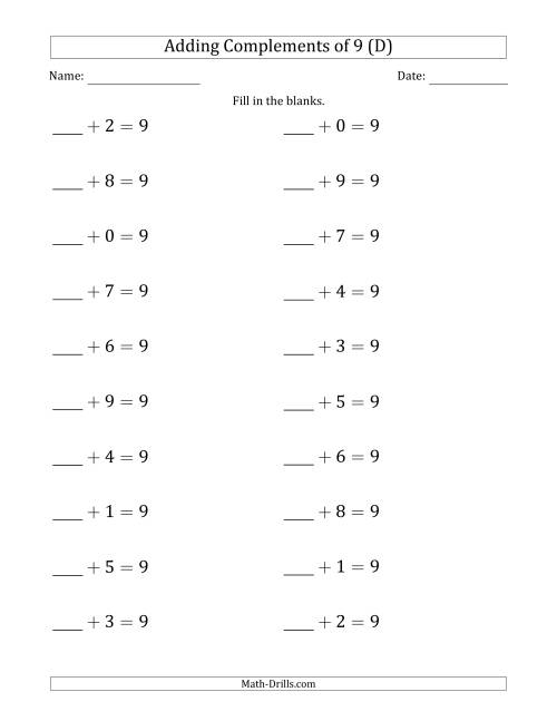 The Adding Complements of 9 (Blanks in First Position Only) (D) Math Worksheet