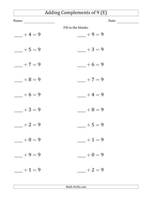 The Adding Complements of 9 (Blanks in First Position Only) (E) Math Worksheet