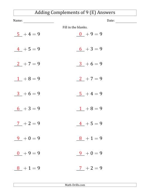 The Adding Complements of 9 (Blanks in First Position Only) (E) Math Worksheet Page 2