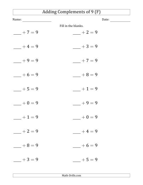 The Adding Complements of 9 (Blanks in First Position Only) (F) Math Worksheet