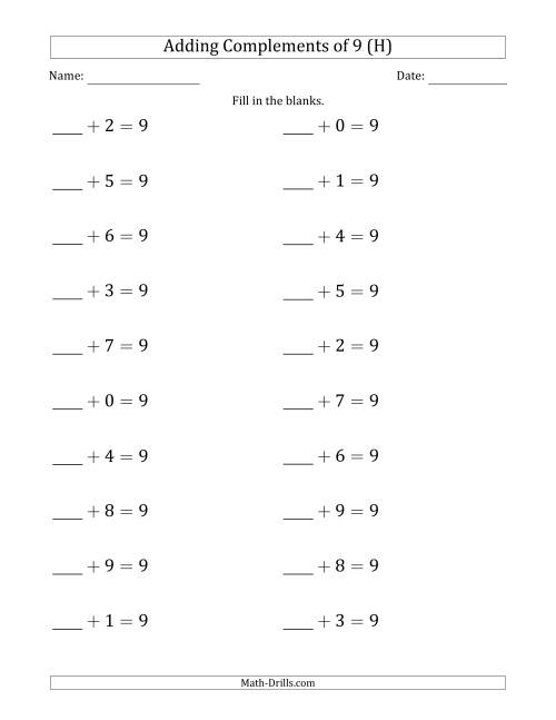 The Adding Complements of 9 (Blanks in First Position Only) (H) Math Worksheet