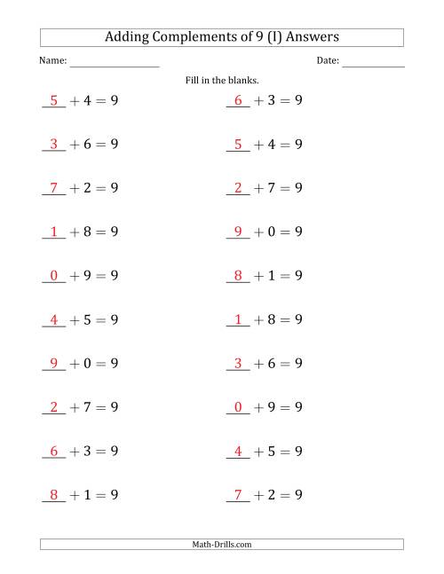 The Adding Complements of 9 (Blanks in First Position Only) (I) Math Worksheet Page 2