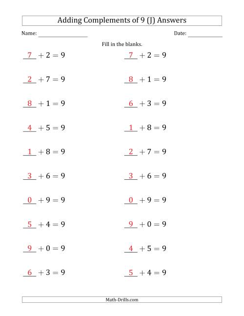 The Adding Complements of 9 (Blanks in First Position Only) (J) Math Worksheet Page 2
