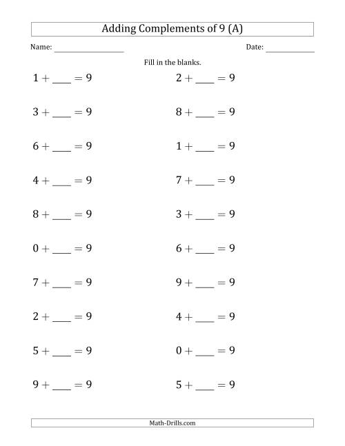 The Adding Complements of 9 (Blanks in Second Position Only) (A) Math Worksheet
