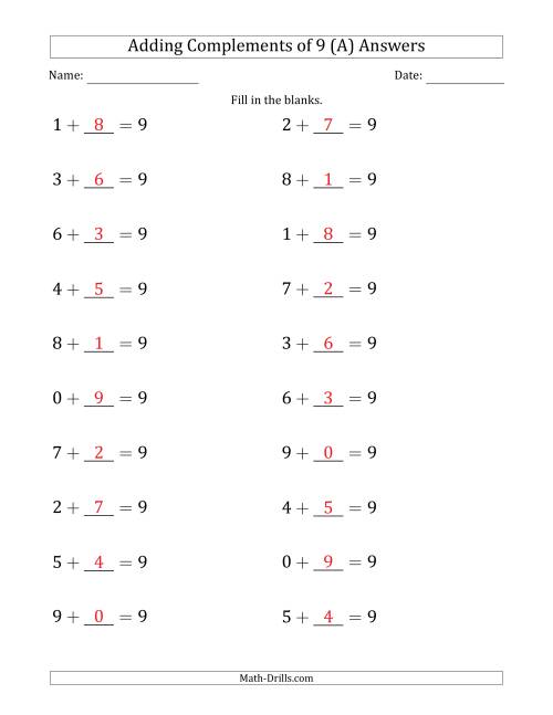 The Adding Complements of 9 (Blanks in Second Position Only) (A) Math Worksheet Page 2