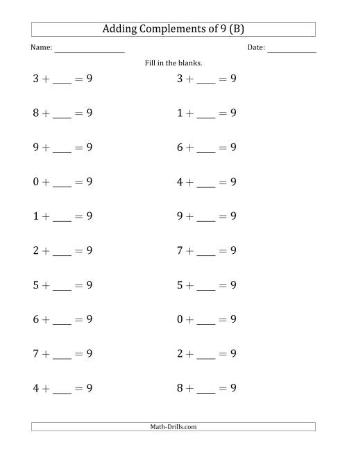 The Adding Complements of 9 (Blanks in Second Position Only) (B) Math Worksheet