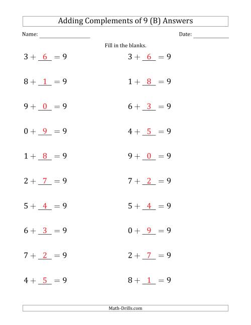 The Adding Complements of 9 (Blanks in Second Position Only) (B) Math Worksheet Page 2