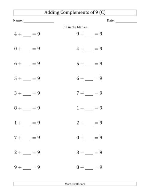 The Adding Complements of 9 (Blanks in Second Position Only) (C) Math Worksheet