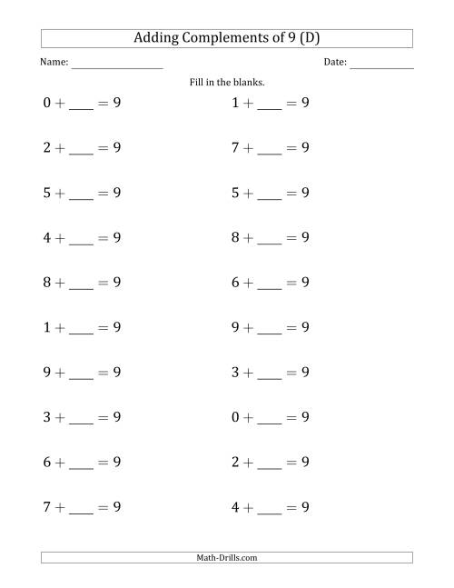The Adding Complements of 9 (Blanks in Second Position Only) (D) Math Worksheet