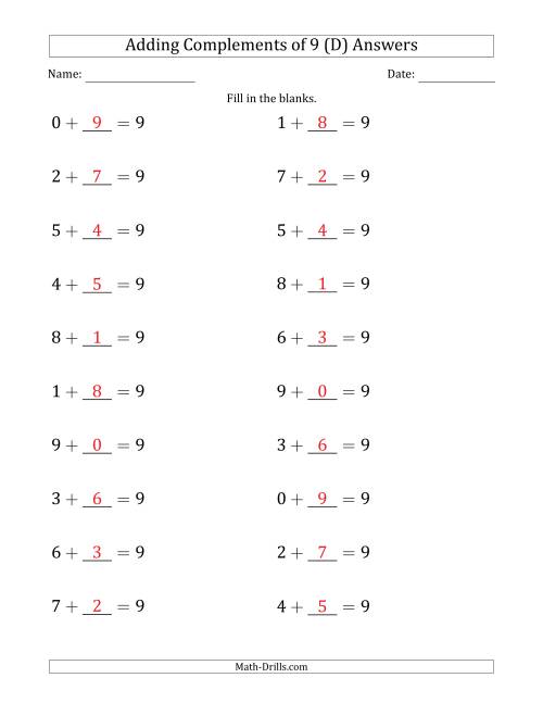 The Adding Complements of 9 (Blanks in Second Position Only) (D) Math Worksheet Page 2