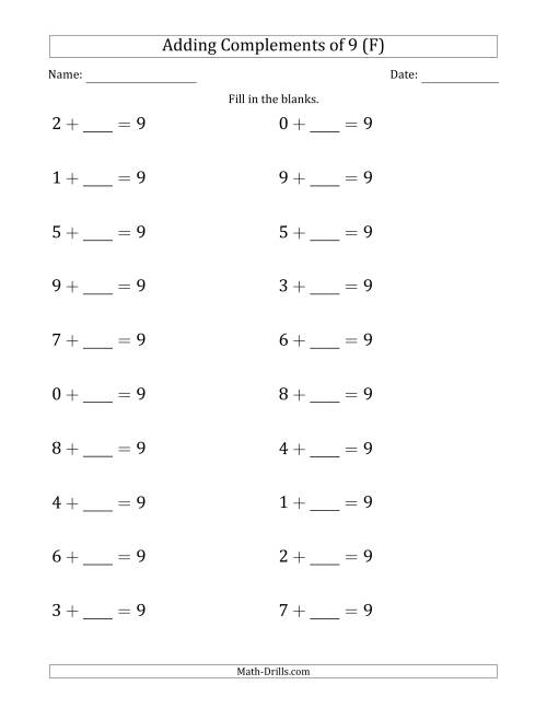 The Adding Complements of 9 (Blanks in Second Position Only) (F) Math Worksheet