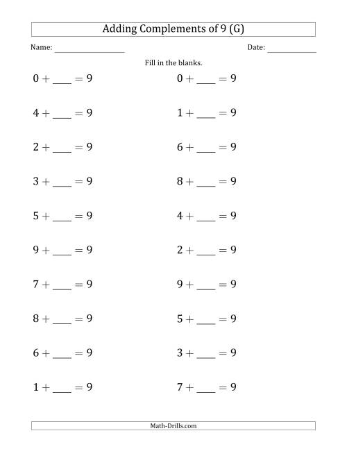 The Adding Complements of 9 (Blanks in Second Position Only) (G) Math Worksheet
