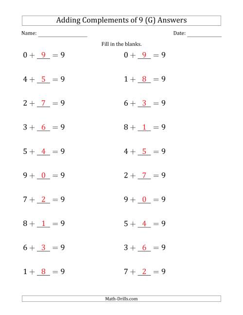 The Adding Complements of 9 (Blanks in Second Position Only) (G) Math Worksheet Page 2