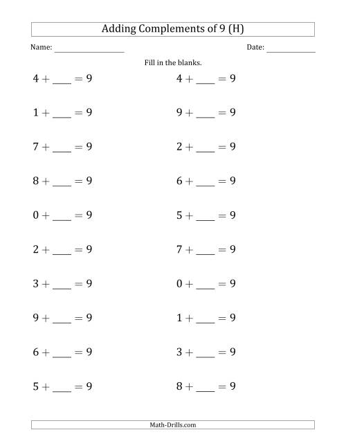 The Adding Complements of 9 (Blanks in Second Position Only) (H) Math Worksheet