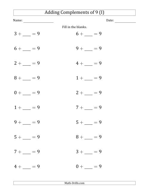 The Adding Complements of 9 (Blanks in Second Position Only) (I) Math Worksheet
