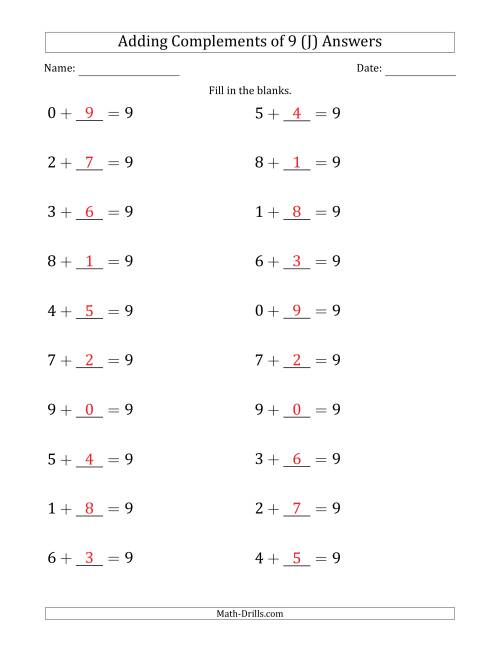 The Adding Complements of 9 (Blanks in Second Position Only) (J) Math Worksheet Page 2