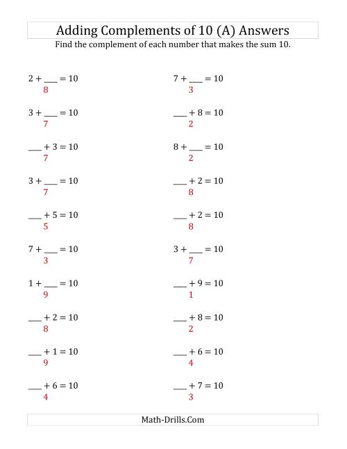 The Adding Complements of 10 (A) Math Worksheet Page 2