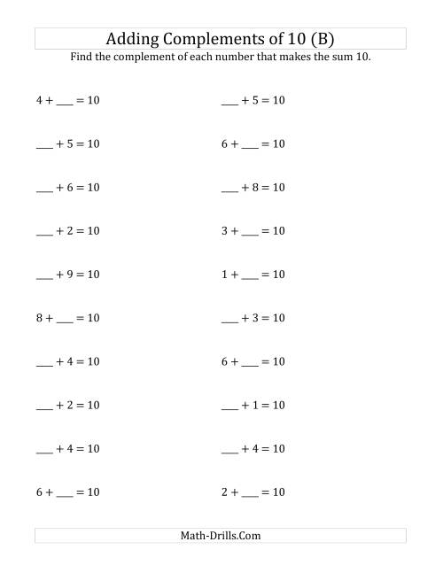 The Adding Complements of 10 (B) Math Worksheet