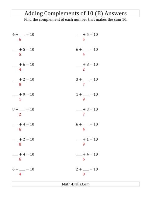 The Adding Complements of 10 (B) Math Worksheet Page 2