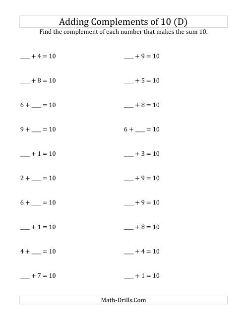 The Adding Complements of 10 (D) Math Worksheet