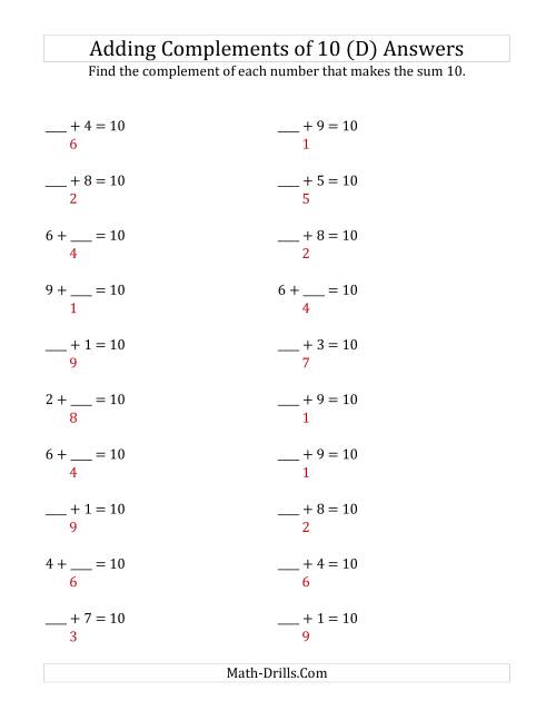 The Adding Complements of 10 (D) Math Worksheet Page 2