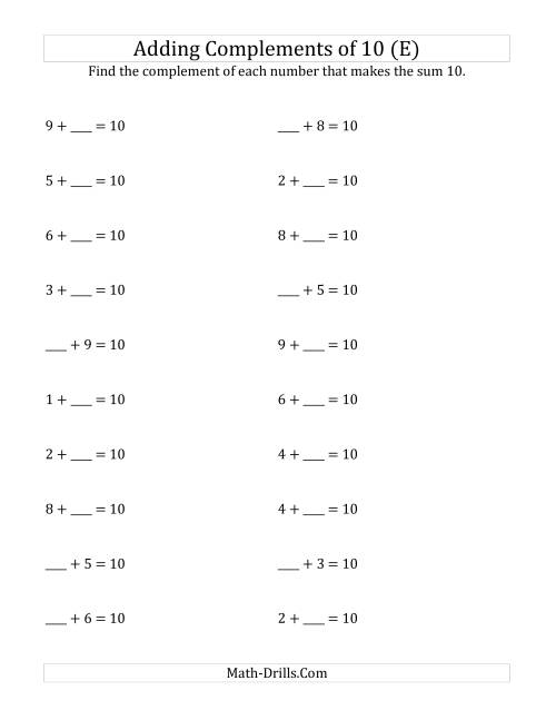 The Adding Complements of 10 (E) Math Worksheet