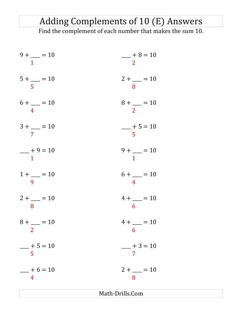 The Adding Complements of 10 (E) Math Worksheet Page 2