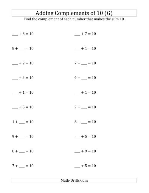 The Adding Complements of 10 (G) Math Worksheet