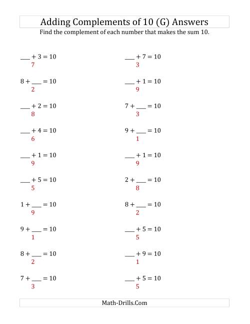 The Adding Complements of 10 (G) Math Worksheet Page 2