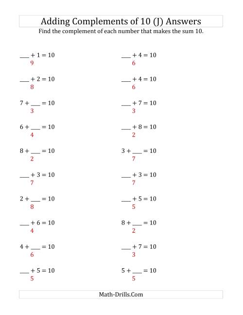 The Adding Complements of 10 (J) Math Worksheet Page 2
