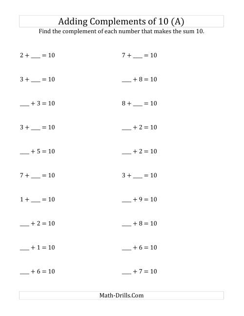 The Adding Complements of 10 (All) Math Worksheet