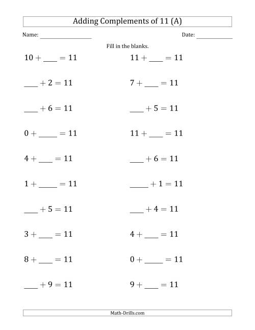 The Adding Complements of 11 (Blanks in First or Second Position Mixed) (A) Math Worksheet